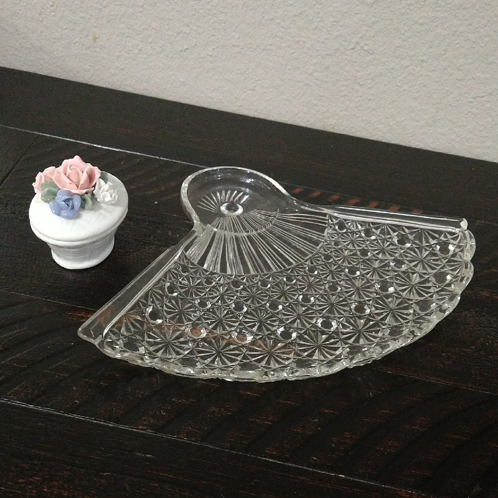 Vintage: Fan Design Glass Dish & Mini Trinket Jewelry Box